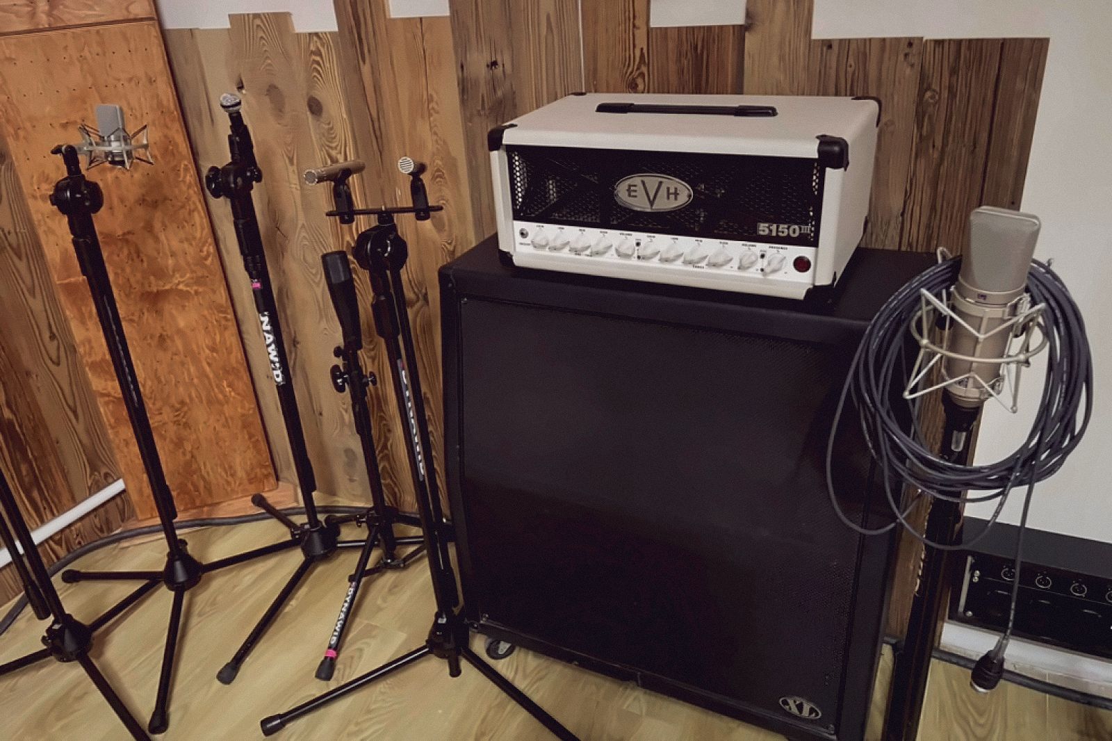 Live room before a session — stands and microphones ready